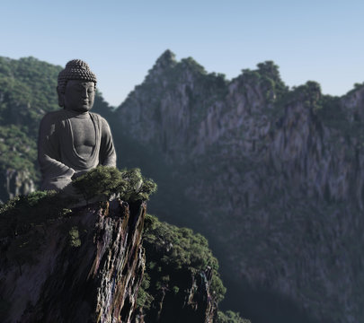 3d three-dimensional, a stone statue of Buddha in the mountains