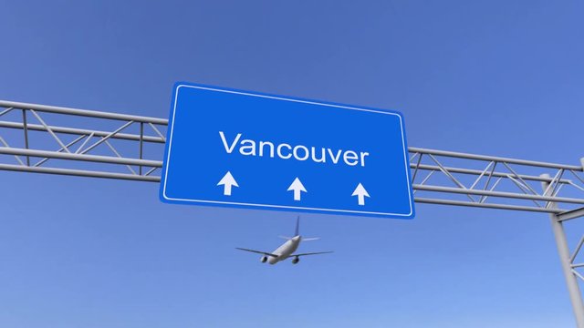 Commercial airplane arriving to Vancouver airport. Travelling to Canada conceptual 4K animation