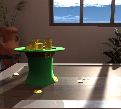 3d three-dimensional, composition of green hats, gold coins, and green clover.