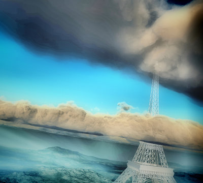3d three-dimensional, Eiffel Tower in the clouds