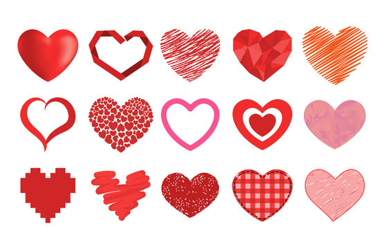 Differents style red heart vector icon isolated love valentine day symbol and romantic design wedding beautiful celebrate bright emotion passion sign illustration.