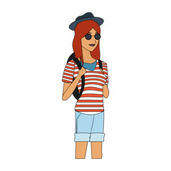 pretty young woman with striped shirt hat and sunglasses icon image vector illustration design 