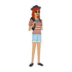 pretty young woman with striped shirt hat and sunglasses icon image vector illustration design 