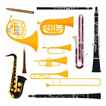 Musical wind instruments isolated on white background blow blare studio acoustic and shiny musician equipment orchestra trumpet vector illustration.