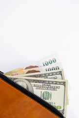 Closeup cash in brown wallet on white background