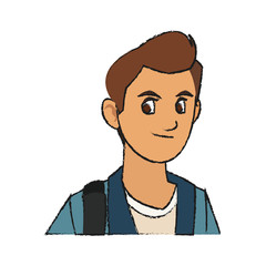 handsome young man with brown hair blue jacket and backpack icon image vector illustration design 