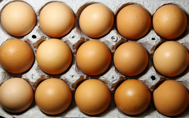 Top view of brown eggs in an egg carton, selective focus.