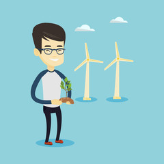 Man holding small plant vector illustration.