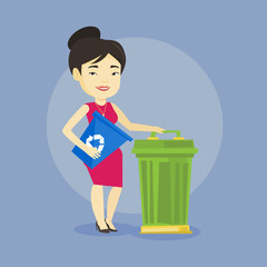 Woman with recycle bin and trash can.