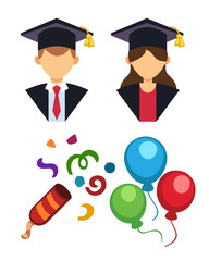Graduation man and woman silhouette uniform avatar vector illustration. Student education college success character with hat gown flat achievement. Knowledge person.
