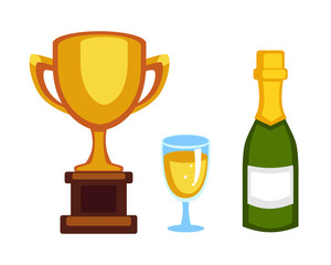 Vector trophy champion cup and champagne bottle flat icon. Winner trophy award and victory prize. Sport success and best win golden leadership award competition illustration.
