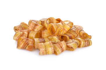 crispy banana chips with caramel on white background