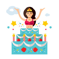 Obraz na płótnie Canvas Vector Holiday surprise. Beautiful woman jumping out of the cake. Flat style colorful Cartoon illustration.