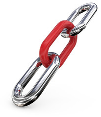 Obraz premium Agent, middle man. Three Chain Links angled on floor. Steel with middle Red. 3d Render. 