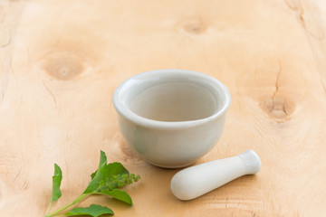 Mortar and pestle, a small ceramic used for grinding herbs and medicines placed on the wooden floor beside basil.