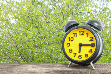 Closeup black and yellow alarm clock for decorate show a quarter past six or 6:15 a.m. on old brown wood desk on green leaves in the park textured background