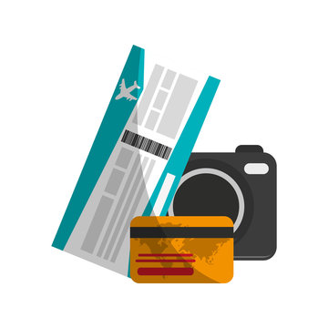 photographic camera, board pass and credit card icon over white backgrorund. colorful design. vector illustration