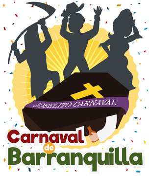 Traditional Joselito's Burial with Festive People Silhouettes for Barranquilla's Carnival, Vector Illustration