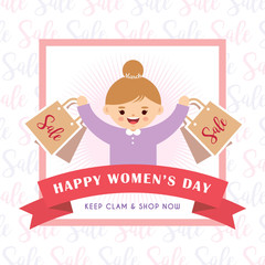 International Women's Day sale of cute cartoon young woman holding shopping bags in flat design style. 8 march vector illustration.