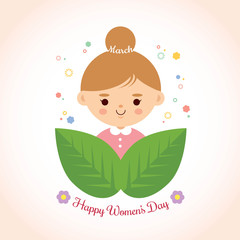International Women's Day of cute cartoon young woman with leaf in flat design style isolated. 8 march vector illustration.