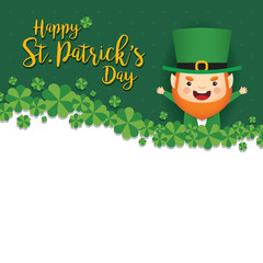 Happy St. Patrick's Day greeting card template. Cute Leprechaun with clovers on green polka dot background. 17 march vector illustration.