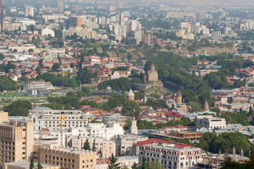 Fototapeta na wymiar view from above of Rike Park and central part old Tbilisi.