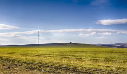Fototapeta na wymiar Sown field, spring training. Farm land. The hills on the horizon. Bright spring colors.