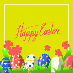 Fototapeta na wymiar Vector greeting card for happy easter with hand lettering calligraphy and Illustrations
