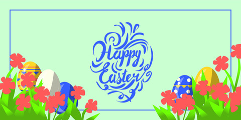Fototapeta na wymiar Vector greeting card for happy easter with hand lettering calligraphy and Illustrations in landscape composition