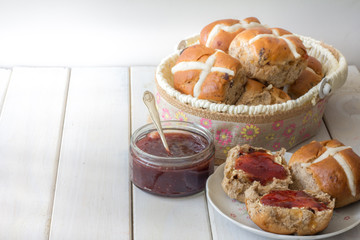 Hot Cross Buns in an Easter Basket Horizontal with Copy Space