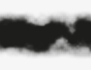 Dark vector halftone wavy shape. Modern trendy generative illustration. Rough monochrome splash of round particles. Background artwork made of splattered dots. Element of design.
