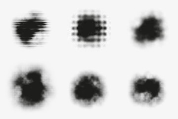 Set of abstract vector halftone stains. Black blots made of round particles. Modern illustration with dark, murky spots. Splattered array of dots. Gradation of tone. Elements of design. - 138787813