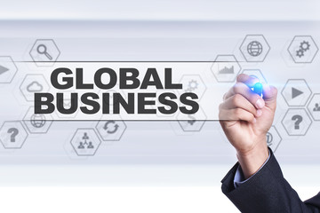 Businessman drawing on virtual screen. global business concept.