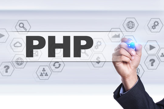 Businessman drawing on virtual screen. php concept.