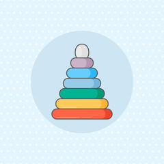 Simple vector icon for ring stacker in rainbow color on blue background. Flat style.
