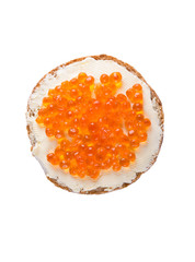 Round sandwich with butter and caviar on a white background