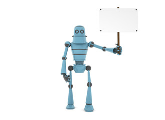 High technologies, the robot is holding in his left hand a poster on a pole, 3d render