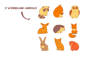 Doodle set of cute cartoon colored animals with squirrel, fox, lynx, raccoon, hedgehog, bear, deer, owl and rabbit. Cute forest animal set. 