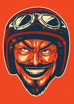 Hand drawing of devil wearing motorcycle helmet