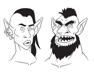 Vector cartoon image of goblin woman's head with three earrings in her ear and goblin man's head with beard and sharp teeth on a white background. Line image. Vector illustration.