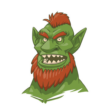 Vector cartoon image of a goblin man's head with ginger hair and beard and sharp teeth on a white background. Color image. Vector illustration.