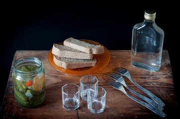 Vodka, pickles and black bread. Celebratory meal for the three in the Russian style. - 138793203