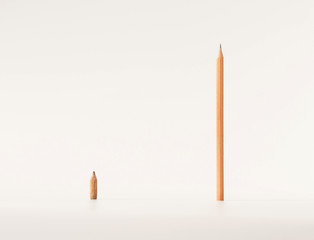 The blunt, short, old pencil and sharp, new, long pencil. Flat lay minimal concept. Newbie and professional. - 138793217