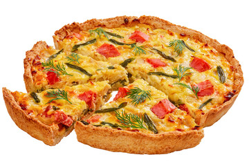 quiche with trout isolated on white