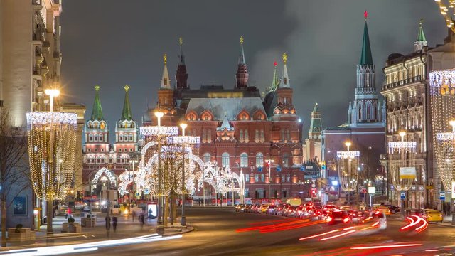 Tverskaya Street timelapse with Wineglass-shaped Street Lamps in Winter Season at frosty night. Moscow, Russia