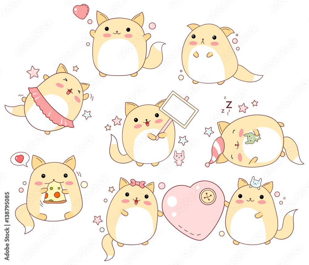 Wall mural Set of cute cats in kawaii style