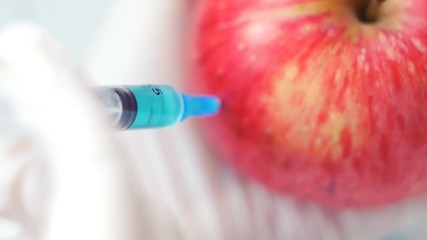 GMO injection with syringe in apple by the hands in white gloves - Powered by Adobe