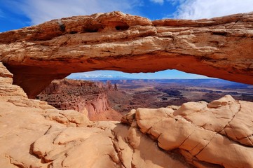 Sandstone arch over the canyon. Mesa Arch. Canyonlands National Park. Moab. Utah. United States.