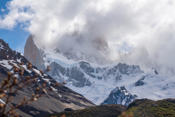 Argentina, Patagonia, Fitz Roy mountain partly in clouds, beautiful landscape.