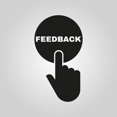 Hand pressing a button with the text FEEDBACK icon. Support, assistance, maintenance symbol. Flat design. Stock - Vector illustration